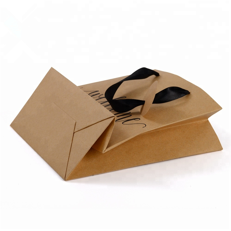 Recycled Custom Shopping Brown Kraft Paper Bag With Satin Ribbon Handle